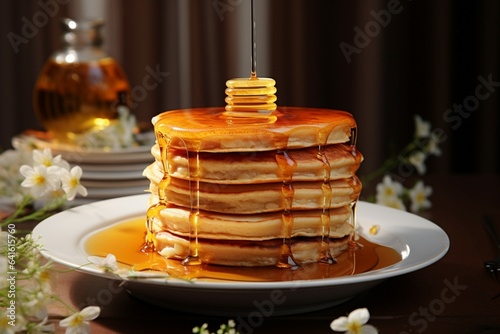 Artfully presented pancakes draped in honey a delectable editorial masterpiece
