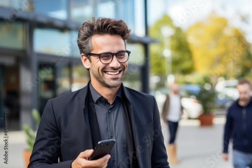 Young urban professional business man using smartphone. Businessman holding mobile smartphoneusing app texting sms message outdoor. photo