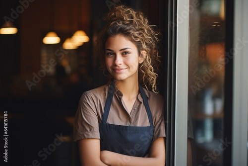 Foto A woman small business owner smiling at front door.