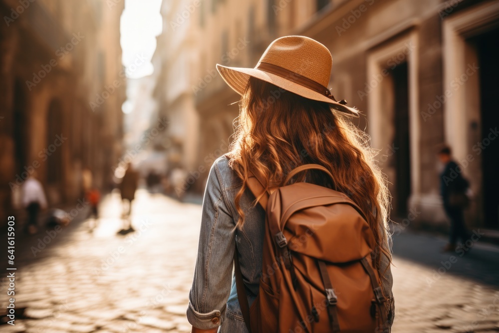 Attractive young female tourist is exploring new city. Female in hat with backpack traveling. Summer sunny lifestyle fashion portrait of young stylish hipster woman walking on the street.