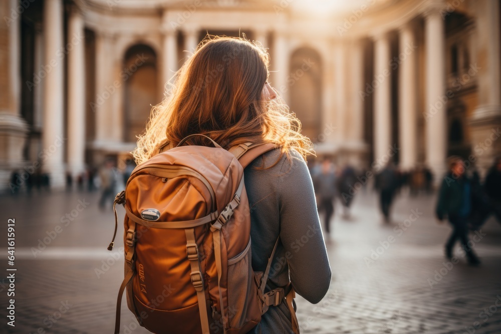 Obraz premium Attractive young female tourist is exploring new city. Female in hat with backpack traveling. Summer sunny lifestyle fashion portrait of young stylish hipster woman walking on the street.