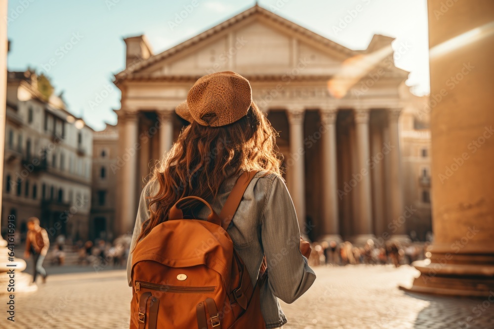 Fototapeta premium Attractive young female tourist is exploring new city. Female in hat with backpack traveling. Summer sunny lifestyle fashion portrait of young stylish hipster woman walking on the street.