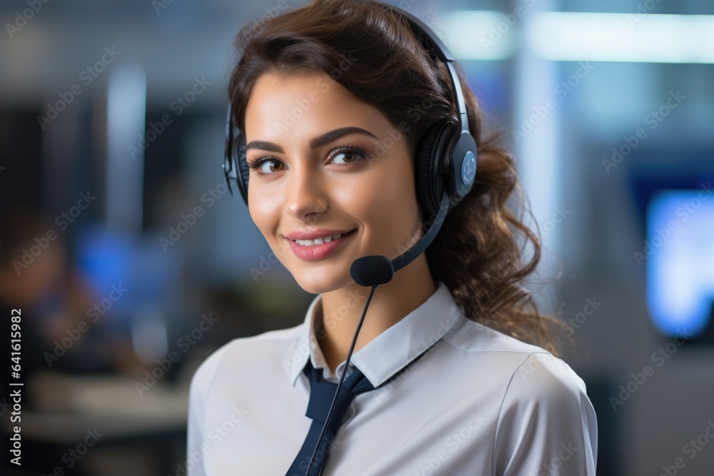 Call center, Beautiful female helpline operator in headset working at office. Technology, contact us and communication with happy employee operator in help desk agency. Call center, Beautiful female helpline operator in headset working at office. Technology, contact us and communication with happy employee operator in help desk agency.