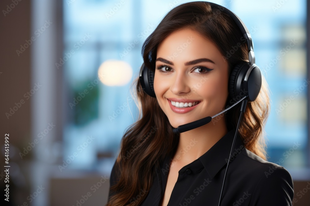 Call center, Beautiful female helpline operator in headset working at office. Technology, contact us and communication with happy employee operator in help desk agency. Call center, Beautiful female helpline operator in headset working at office. Technology, contact us and communication with happy employee operator in help desk agency.