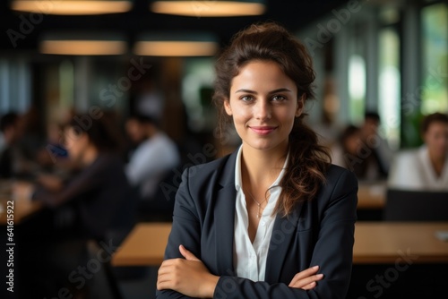 Successful businesswoman standing in creative office and looking at camera. Group of business people with businesswoman leader on foreground.