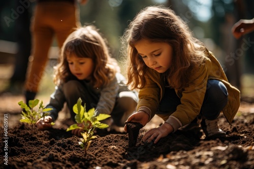 Children planting a new tree. Concept: new life, environmental conservation