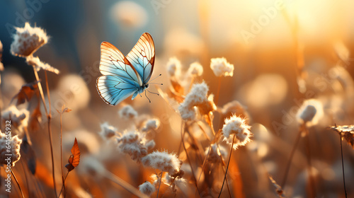 Beautiful natural pastel background. Butterfly and flower against on a background of sunrise.