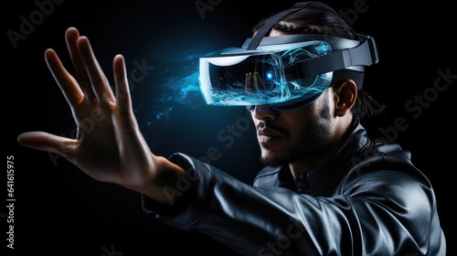 Young man using virtual reality headset. VR, future, gadgets, technology, education online, studying, video game concept