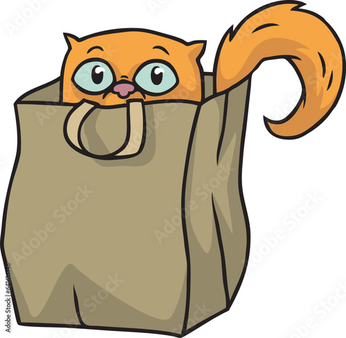 Cartoon: niedliche orange Katze versteckt sich schüchtern in einer Tüte aus Papier als Versteck und Tarnung