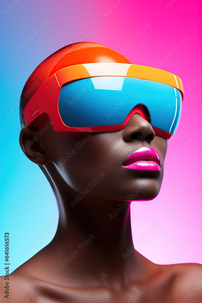 Illustration of a fashion portrait wearing a virtual reality (VR) headset.,., AI Generated. Illustration of a fashion portrait wearing a virtual reality (VR) headset.,., AI Generated.