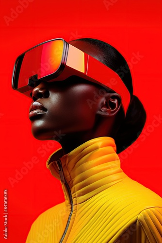 Illustration of a fashion portrait wearing a virtual reality (VR) headset.,., AI Generated.