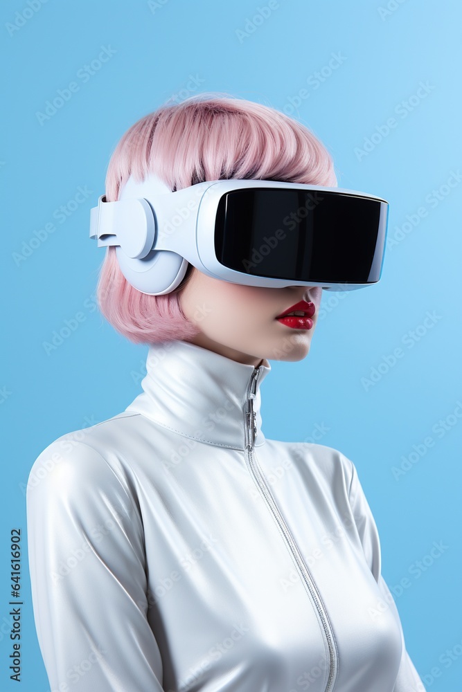Illustration of a fashion portrait wearing a virtual reality (VR) headset.,., AI Generated.