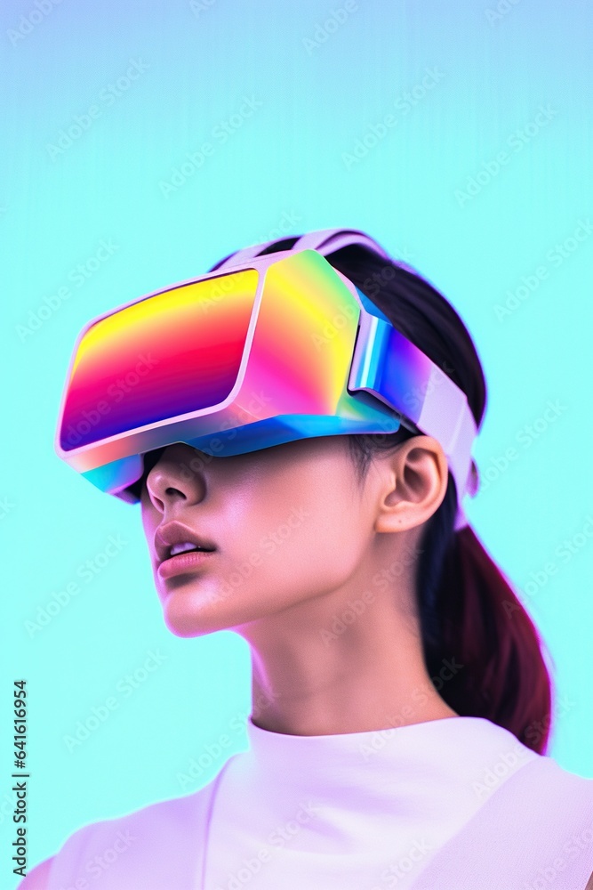 Illustration of a fashion portrait wearing a virtual reality (VR) headset.,., AI Generated. Illustration of a fashion portrait wearing a virtual reality (VR) headset.,., AI Generated.