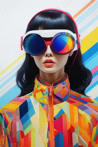 Illustration of a fashion portrait wearing a virtual reality (VR) headset.,., AI Generated.