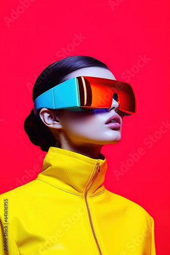 Illustration of a fashion portrait wearing a virtual reality (VR) headset.,., AI Generated. © kanate