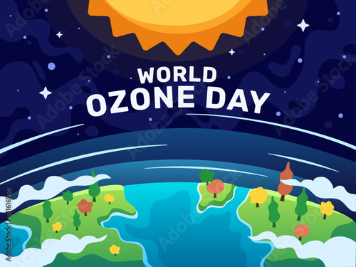 World Ozone Day vector art: Earth shielded by the ozone layer, emphasizing its vital role in preserving our environment. Inspire global awareness and conservation.