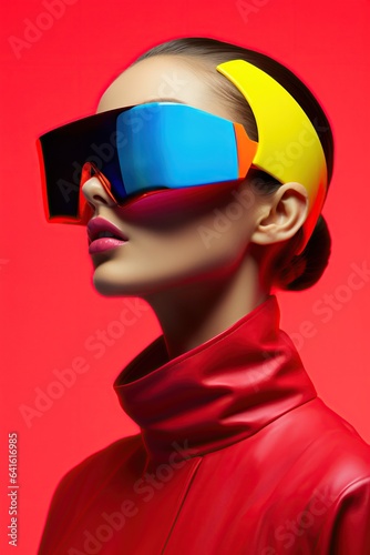 Illustration of a fashion portrait wearing a virtual reality (VR) headset.,., AI Generated.