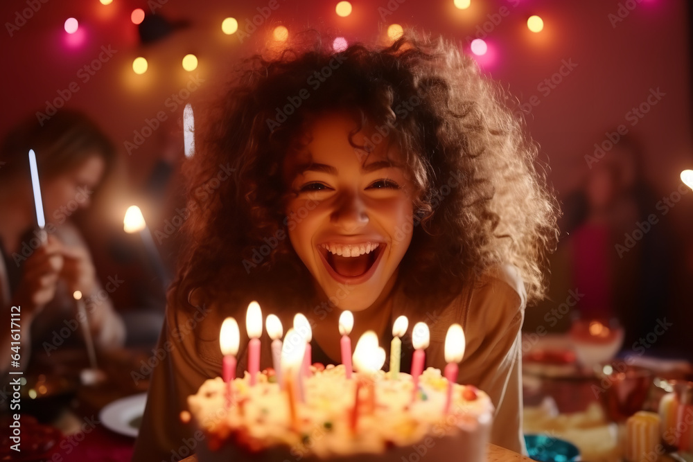 Extreme close-up, happy and smiling teen girl with joyful crazy look celebrates her birthday with in front a cake with candles, Extreme close-up, happy and smiling teen girl with joyful crazy look celebrates her birthday with in front a cake with candles,
