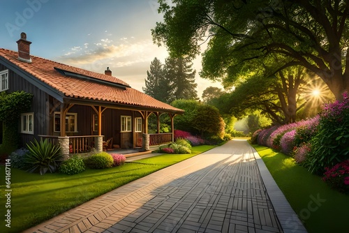 Pathway in Backyard of Home at beautiful sunrays © Pretty Panda