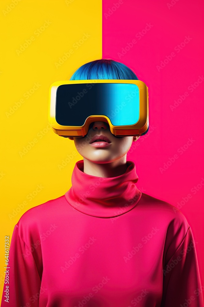 Illustration of a fashion portrait wearing a virtual reality (VR) headset.,., AI Generated.