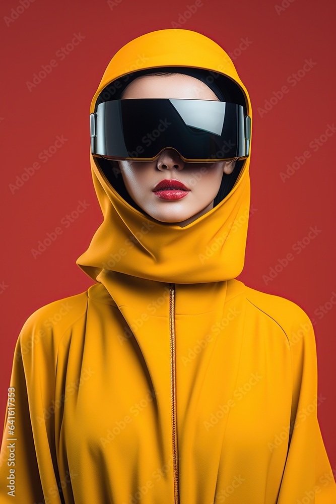 Illustration of a fashion portrait wearing a virtual reality (VR) headset.,., AI Generated.