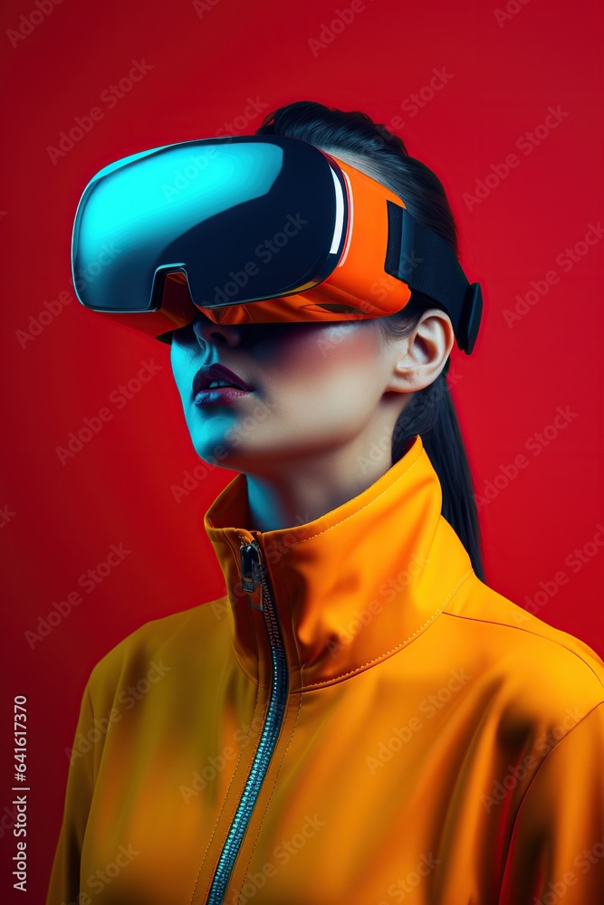Illustration of a fashion portrait wearing a virtual reality (VR) headset.,., AI Generated. Illustration of a fashion portrait wearing a virtual reality (VR) headset.,., AI Generated.