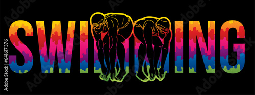 Swimming Sport with Male and Female Swimmer Text Font Design Cartoon Graphic Vector