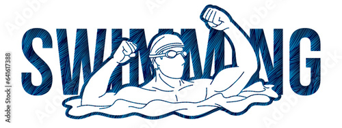 Swimming Text with  A Man Swimmer Font Design Cartoon Graphic Vector