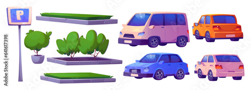 Store car parking exterior element vector design. Clipart template set for outside street drive vehicle area near shop. Grass garden and pot outdoor object collection. Hypermarket transport place