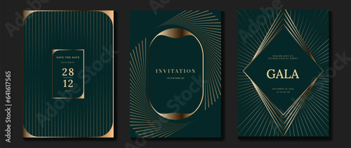 Luxury invitation card background vector. Golden curve elegant, gold lines gradient on dark green color background. Premium design illustration for gala card, grand opening, party invitation, wedding.
