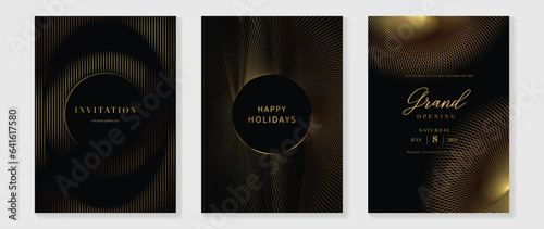 Luxury invitation card background vector. Golden curve elegant, gold lines gradient on dark color background. Premium design illustration for gala card, grand opening, party invitation, wedding.