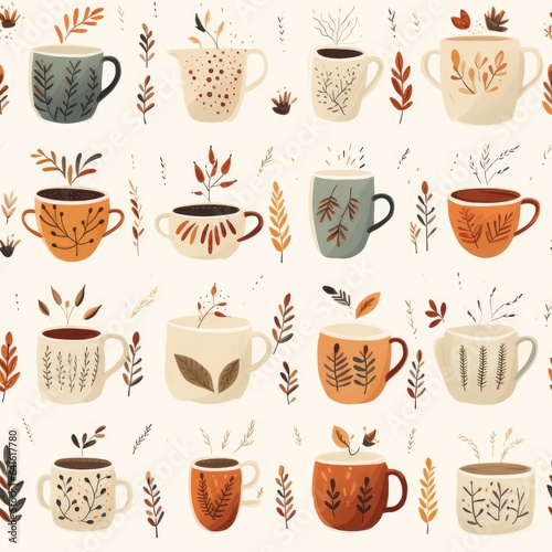 Cozy Fall Mugs Digital Paper, Ceramic Cups Repeating Pattern, Seamless Coffee Mugs, Tea Cups Design File