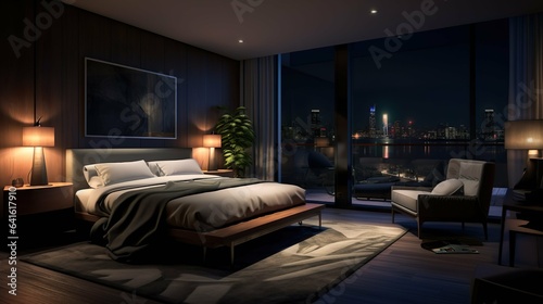 Modern simple bedroom interior with city view © arthyeon