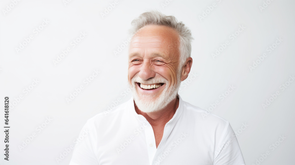 Happy senior man in his 70s on a solid background