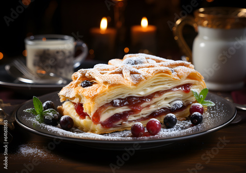 Cottage cheese waffles with berries on a wooden background for thanksgiving and christmas.