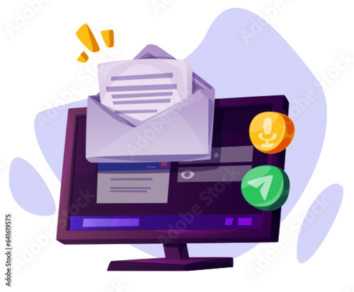 Computer with mail element icon cartoon vector. Isolated laptop with envelope and letter graphic object. New chat message on desktop device monitor. Digital notification alert for inbox on website