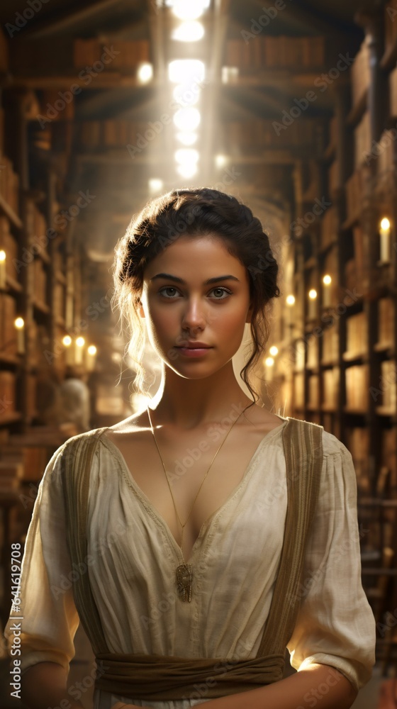 Fototapeta premium A woman in a white dress standing in a library
