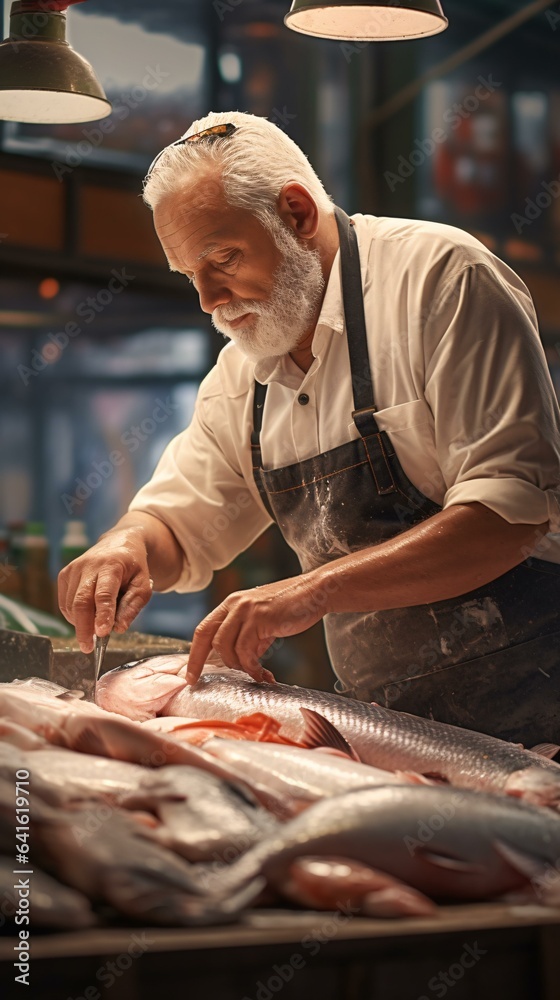 A skilled chef preparing fresh fish on a kitchen table