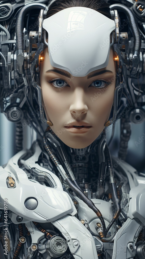 A woman wearing a futuristic robot suit and headpiece A woman wearing a futuristic robot suit and headpiece