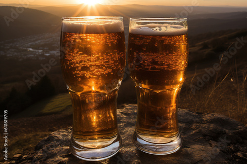 Two glasses of beer with a mountain landscape. Created using generative AI tools.