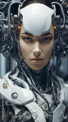 A woman wearing a futuristic robot suit and headpiece