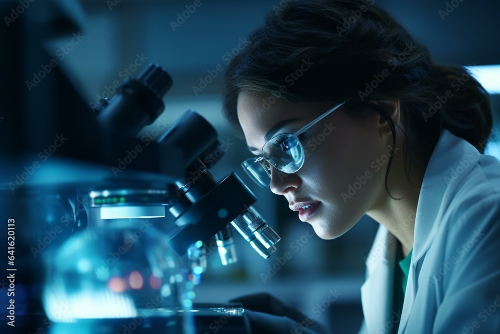 A female scientist conducting research with a microscope A female scientist conducting research with a microscope