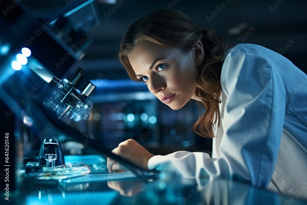 A female scientist conducting research with a microscope A female scientist conducting research with a microscope