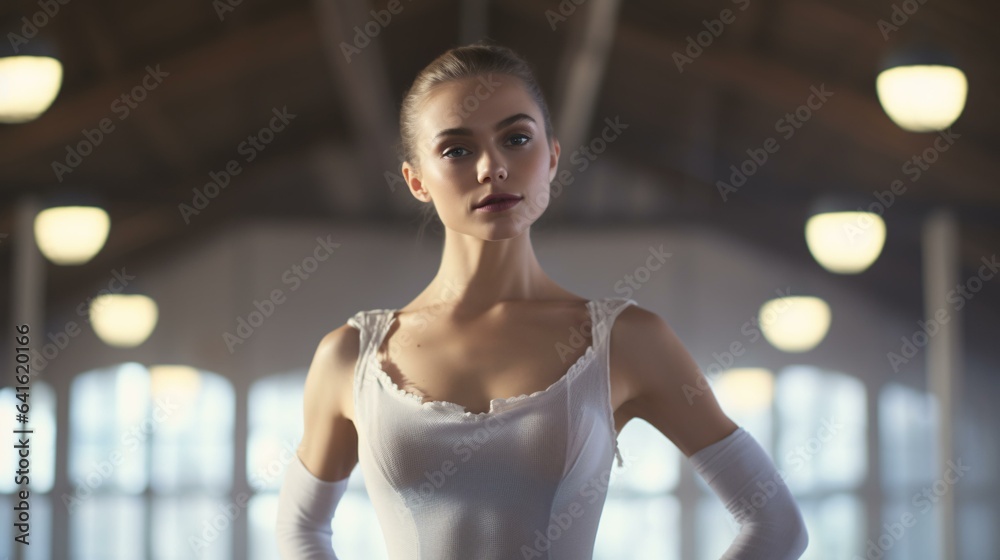 A woman in a white leotard posing gracefully for a picture