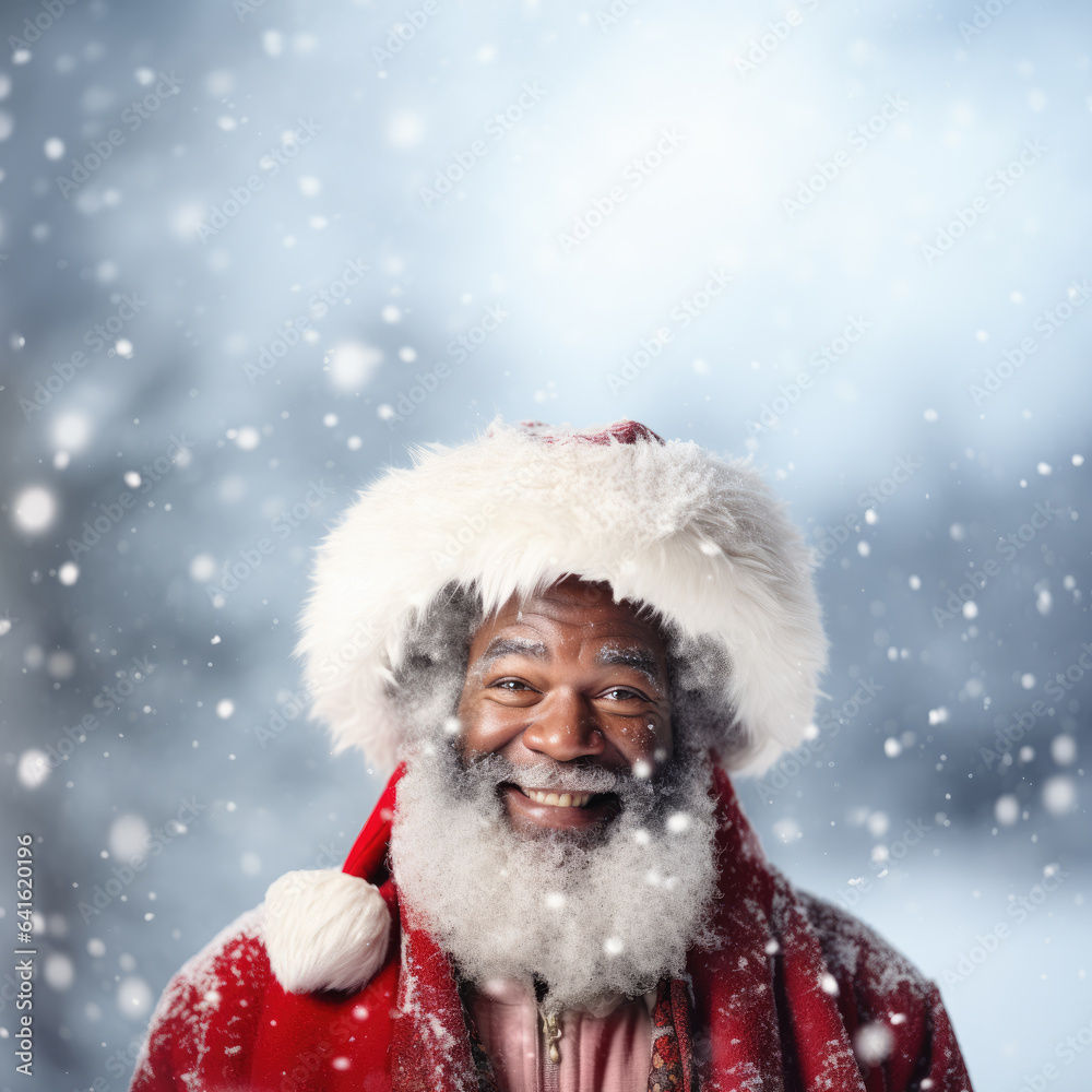 Smiling Afro American Santa Claus in winter Christmas scenery with snow falling Smiling Afro American Santa Claus in winter Christmas scenery with snow falling