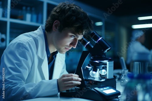 A scientist examining a specimen under a microscope