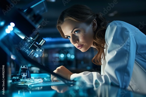 A female scientist conducting research with a microscope