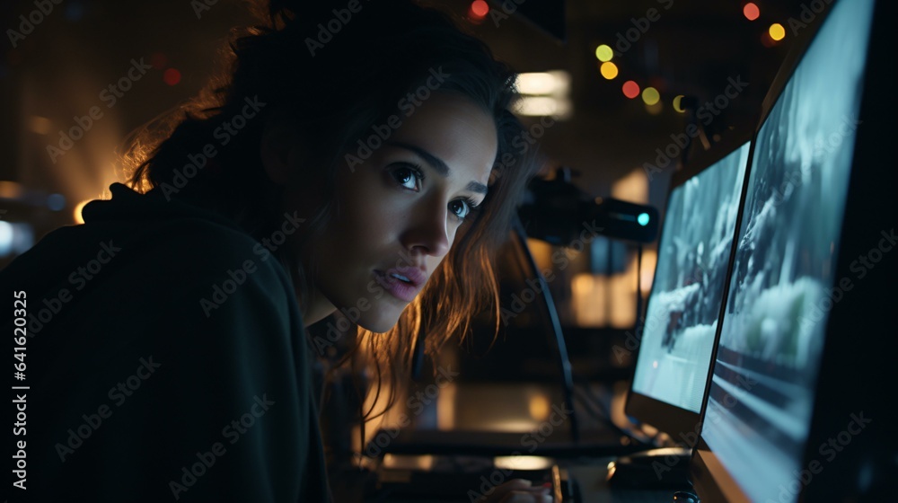 A woman working late at night on a computer screen