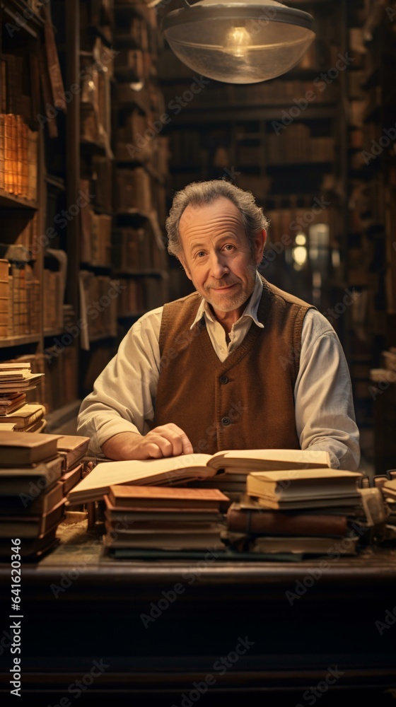 A man engrossed in reading at a table surrounded by a vast collection of books in a library A man engrossed in reading at a table surrounded by a vast collection of books in a library