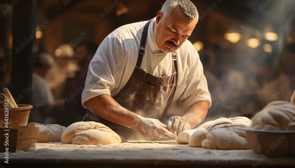 A man kneading dough to make bread on a wooden table